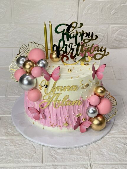 Luxury Pink and Gold Butterfly Birthday Cake in Karachi