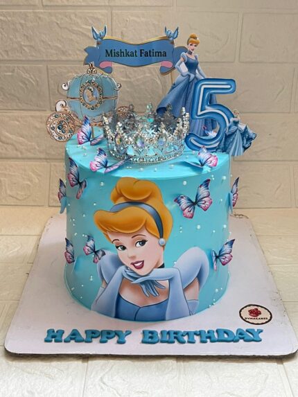 Blue Cinderella princess birthday cake with carriage and tiara Karachi