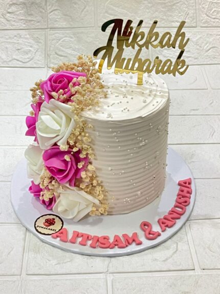 Beautiful Nikkah Mubarak Wedding Cake with White Textured & Pink Roses in Karachi
