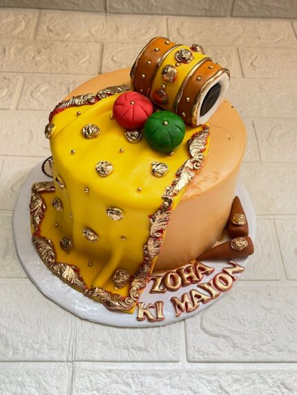 Traditional Dholki Theme Yellow Color Cake for Mehndi in Karachi