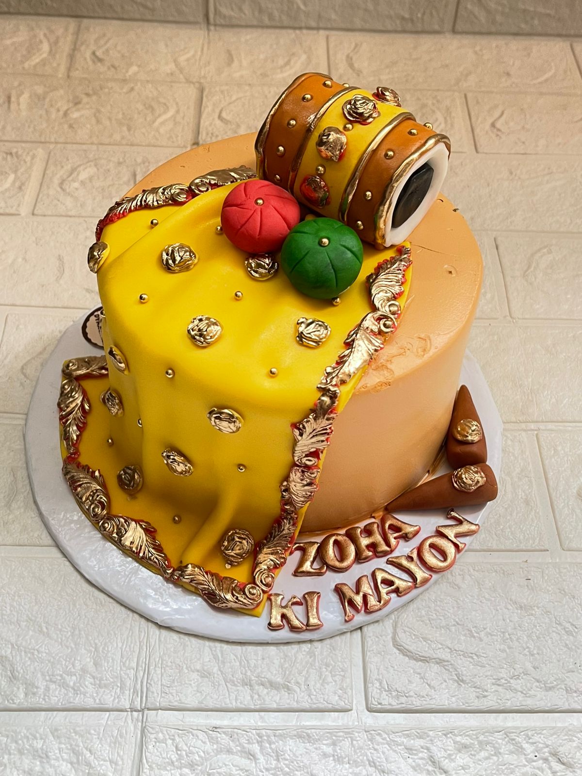 Traditional Dholki Theme Yellow Color Cake for Mehndi in Karachi