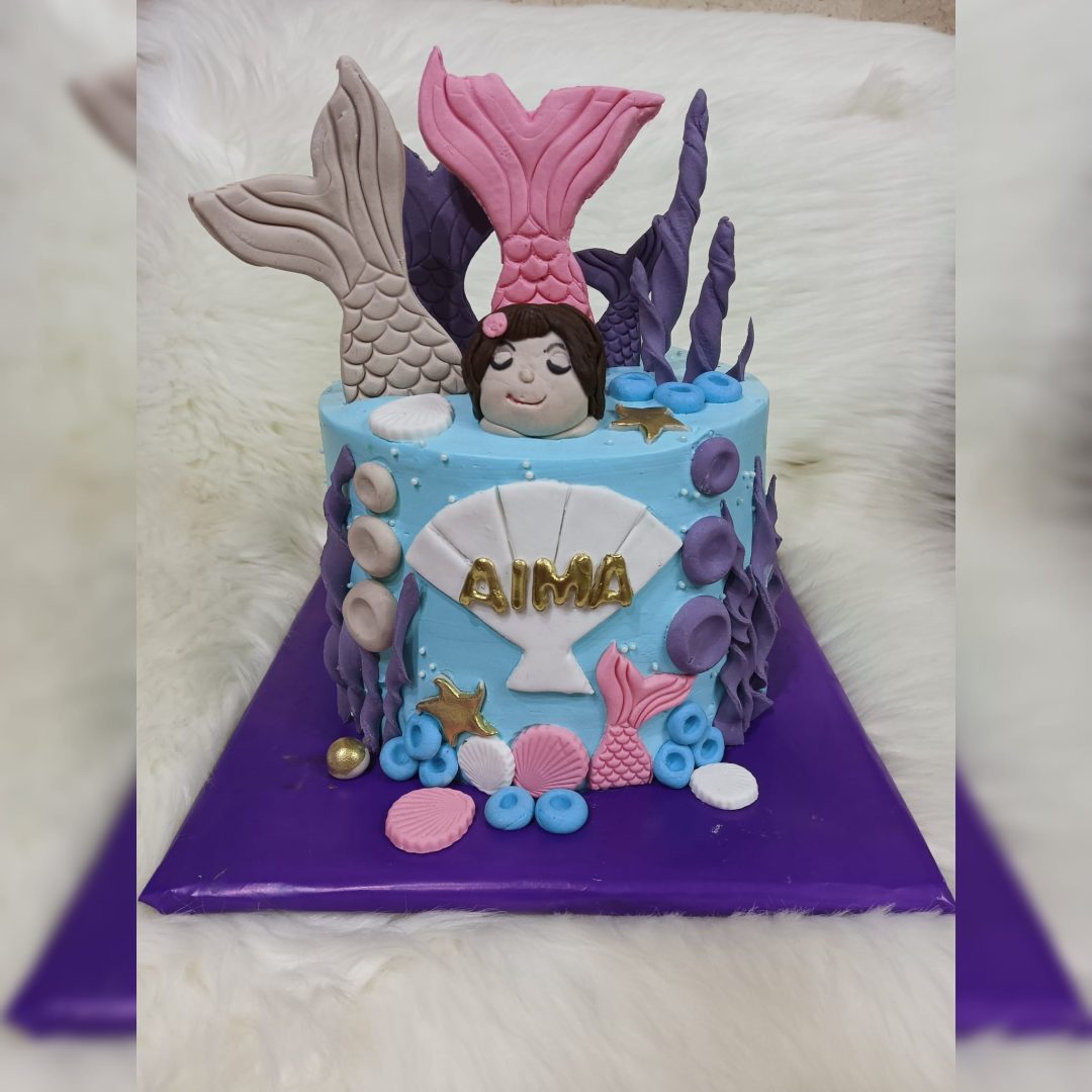 Customized Mermaid Theme Cream With Fondant Cake