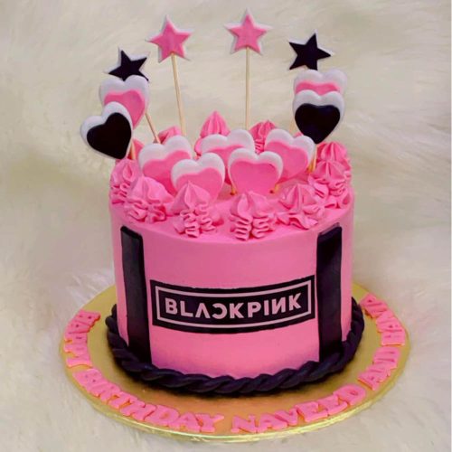 Customized black pink theme cream cake