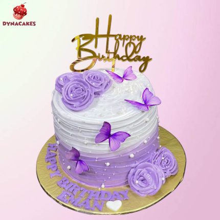 Lavender and white Purple Butterfly Delight Cake with roses and butterflies – perfect birthday charm in Karachi.