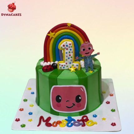 Cocomelon cream cake in Karachi decorated with colorful fondant and edible Cocomelon characters for a child's birthday.