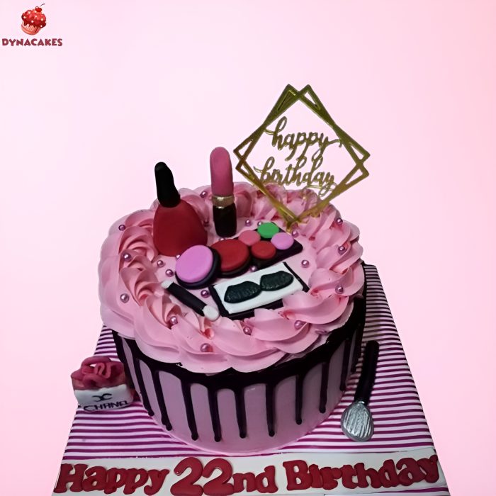 Makeup-themed cream cake with lipstick and blush decorations in Karachi