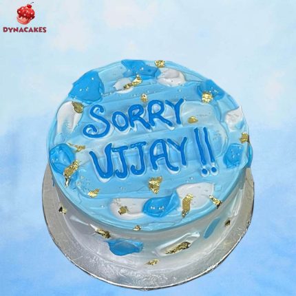 Sorry theme cream cake in Karachi with blue and white cream frosting and the words 'Sorry Vijay' written on top.