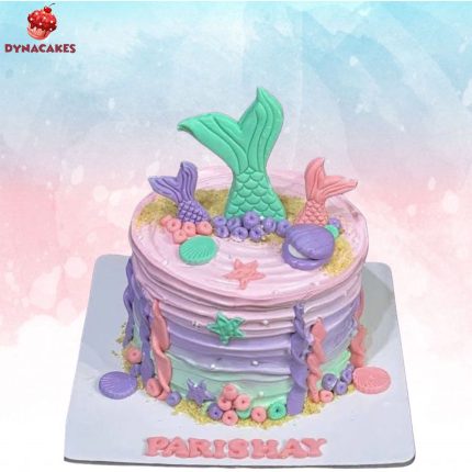 Customized mermaid cake in Karachi featuring pastel colors, mermaid tails, and ocean-themed decorations, perfect for birthdays