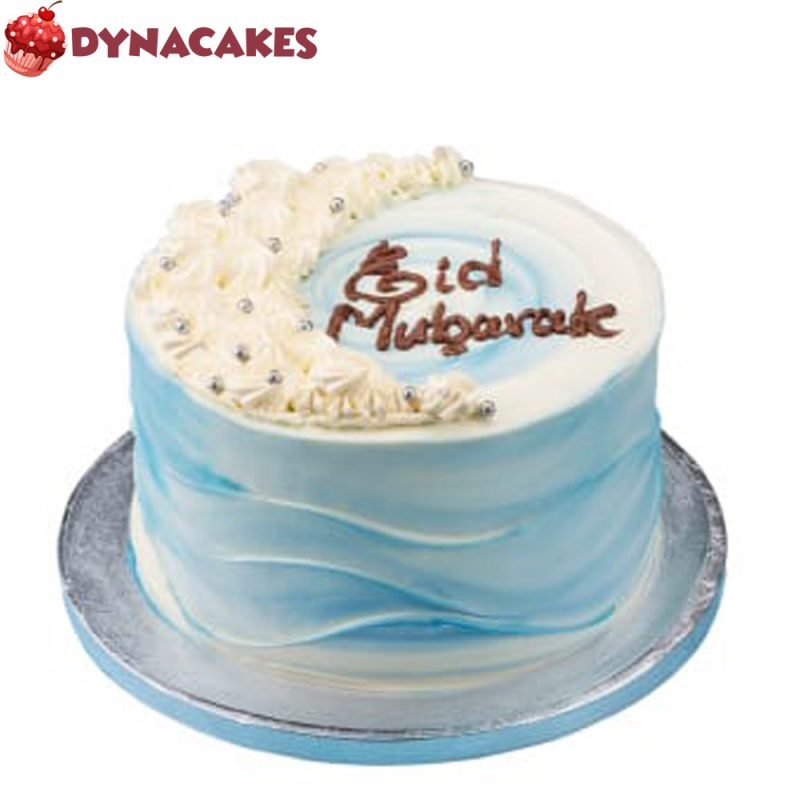 Eid Mubarak theme cream cake from Dyna Cakes, adorned with blue and white frosting, perfect for celebrating Eid Ul Fitr.