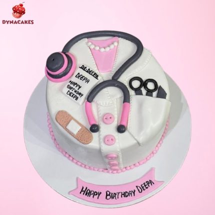 Doctor theme full fondant cake in Karachi with medical elements and stethoscope decoration.