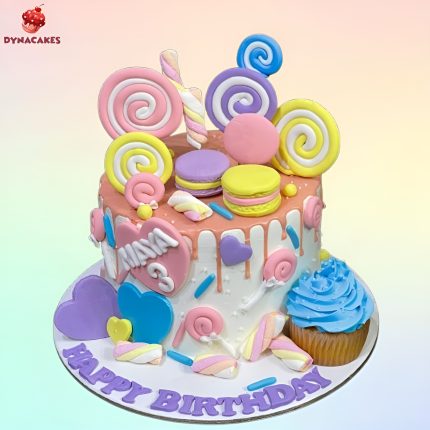 Candyland theme birthday cake decorated with vibrant colors and candy details in Karachi.