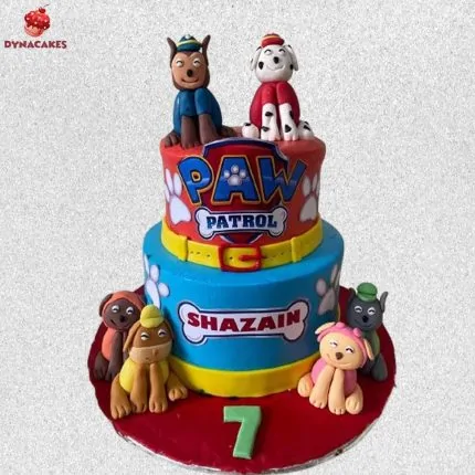 Paw Patrol theme cream cake in Karachi with fondant handcrafted toppers