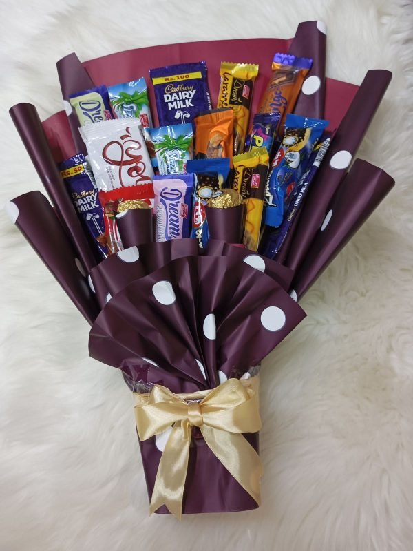"Elegant chocolate bouquet by Dynacakes, crafted with local chocolates like Hiss and Dairy Milk for delivery in Karachi."