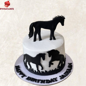 Black Horse Cake with an intricately designed black horse figure, created by Dynacakes for horse-themed events and celebrations in Karachi.