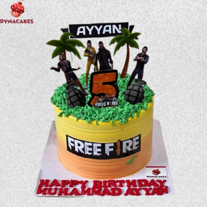 Free Fire-themed fresh cream cake with gaming designs, including the Free Fire logo and characters, crafted by Dynacakes for birthdays and gaming events in Karachi.