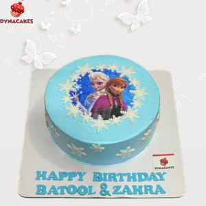 Fresh Cream Frozen Barbie Cake with a Barbie doll dressed in a Frozen-themed gown, perfect for children’s birthdays and magical celebrations, crafted by Dynacakes in Karachi.
