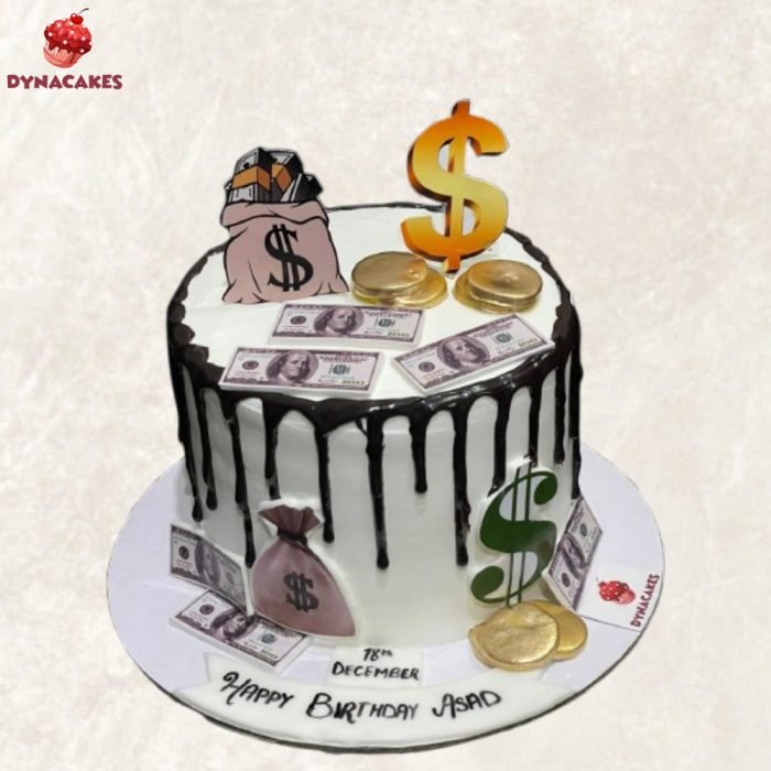 Dollar Theme Cream Cake with an elegant dollar design and gold accents, crafted by Dynacakes for luxurious celebrations in Karachi.