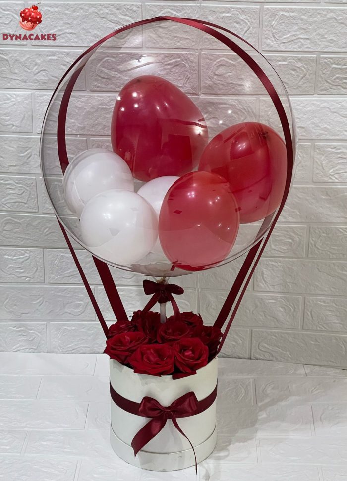 Red Rose Balloon Hamper with fresh red roses and helium balloons, ideal for romantic occasions and celebrations.