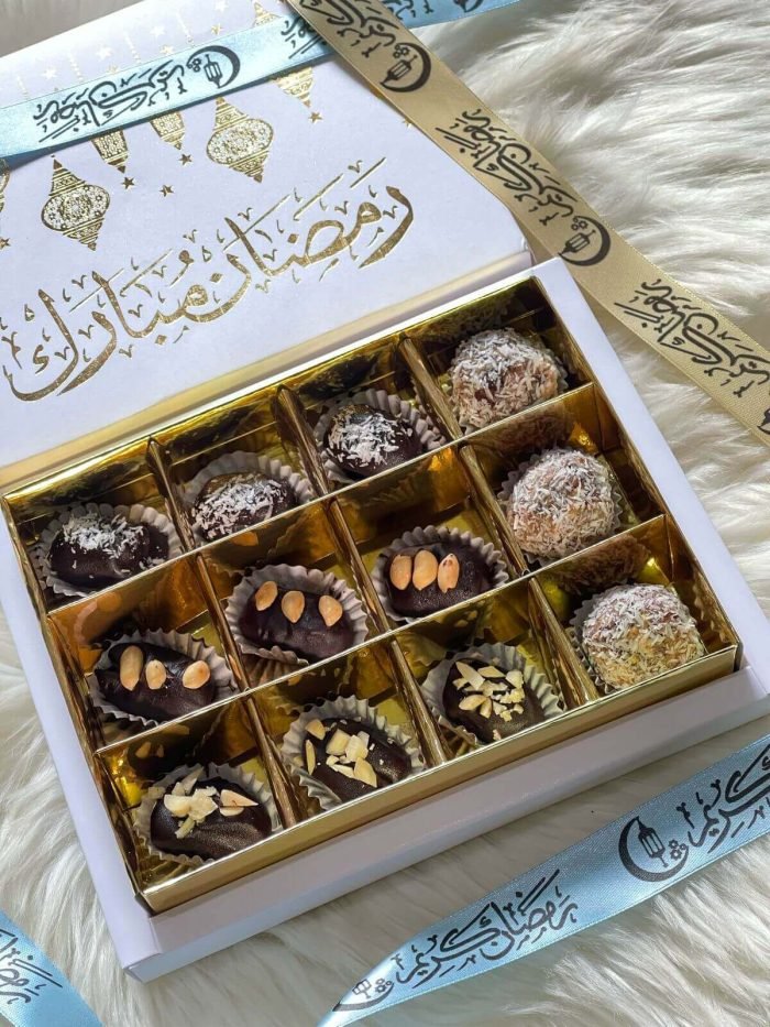 Luxury Ramadan Mubarak Gift Box – Premium Chocolate-Coated Dates & Nut Balls