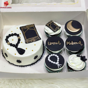 Umrah Mubarak bento cake and five cupcakes decorated with Islamic elements, perfect for Umrah celebration in Karachi.