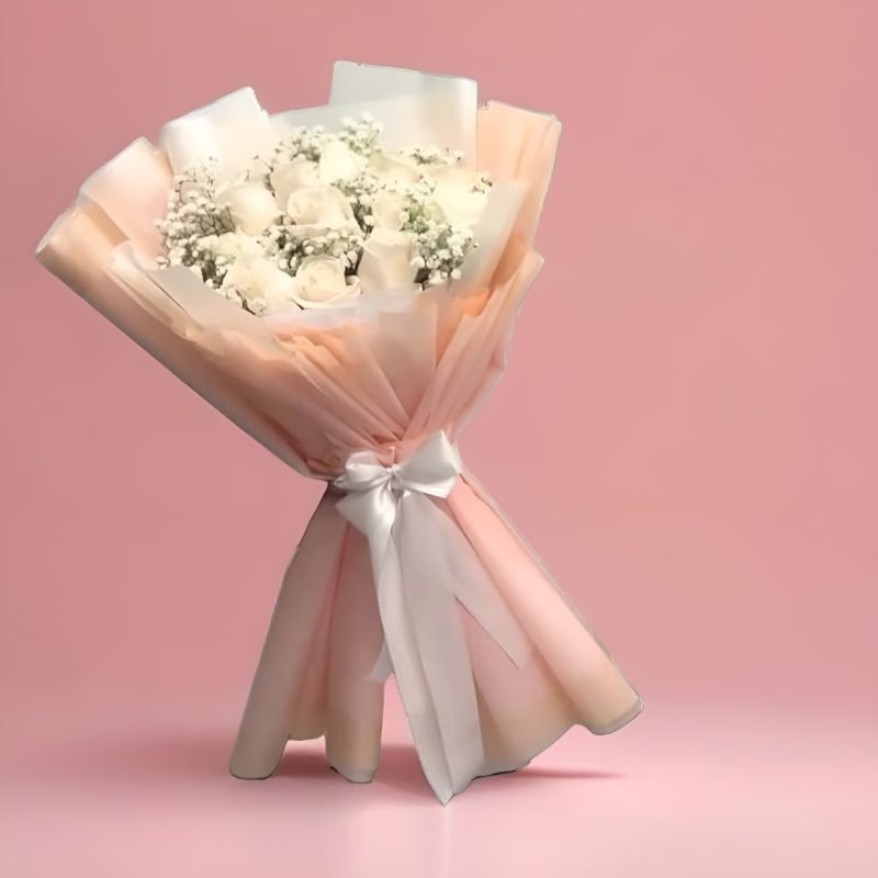 Elegant bouquet of imported white roses and baby breaths – a graceful floral gift, now available for same-day delivery in Karachi.