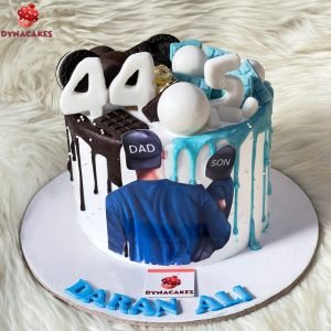 Father’s Day or birthday cake for Dad with custom message, mustache and tie toppers, and fondant decorations.