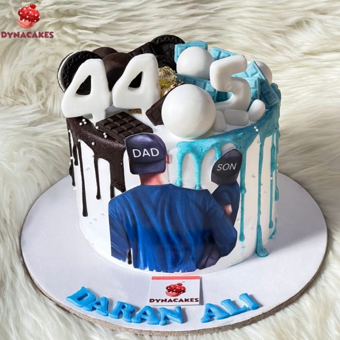 Father’s Day or birthday cake for Dad with custom message, mustache and tie toppers, and fondant decorations.
