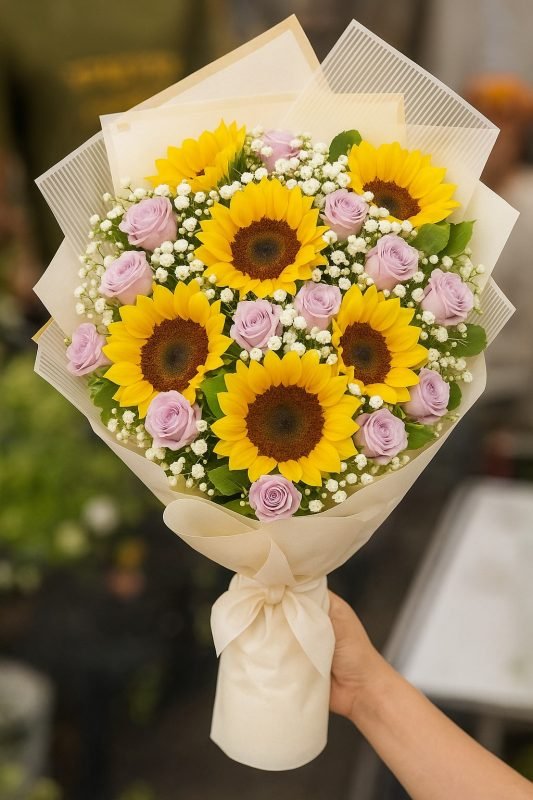 Golden Hour Bouquet featuring sunflowers, roses, baby breaths, and green leaves – available with same-day delivery in Karachi.