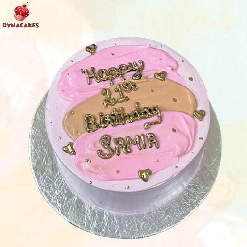 “Pink & Nude Brushstroke Bento Cake with Gold Text – 1 Pound | Custom Birthday Cake by Dynacakes”
