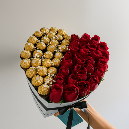 Heart-Shaped Ferrero Rocher & Red Rose Combo Bouquet Price in Karachi
