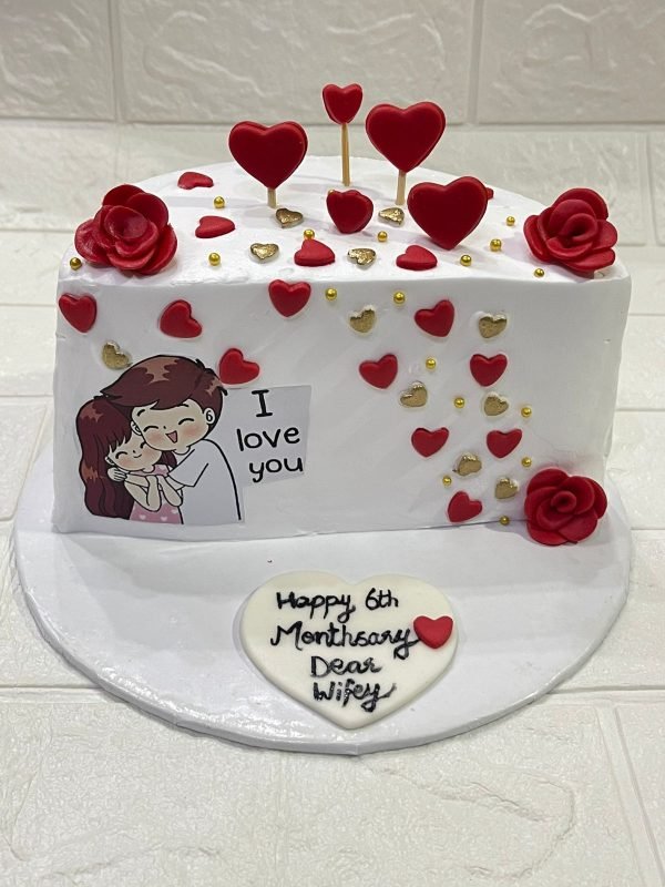 6 Months Anniversary Cake for Couples | Romantic Half-Year Celebration Cake with Hearts & Roses