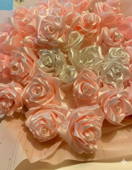 Luxurious Peach Satin Rose Bouquet with Pearl Details