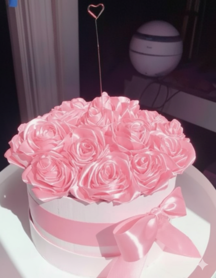 Pink Satin Rose Hat Box Bouquet